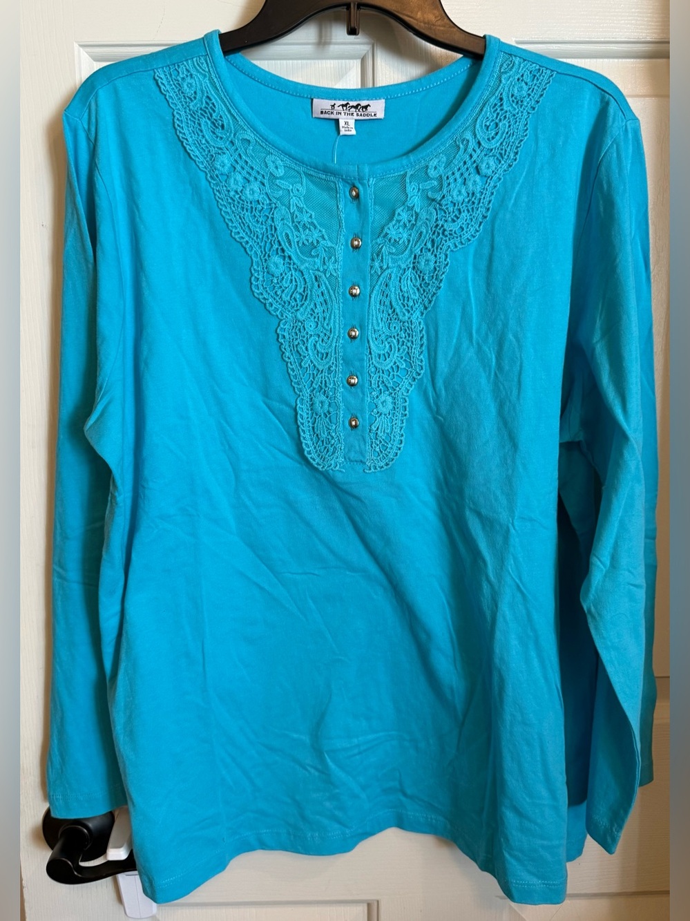 Women's back in the saddle Henley Lace-Trim Long Sleeve Tee in Turquoise Blue